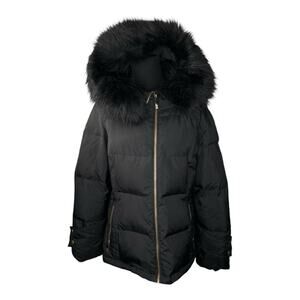 CALVIN KLEIN Black Hooded Down Puffer Coat Jacket Faux Fur Trimmed Size L Read